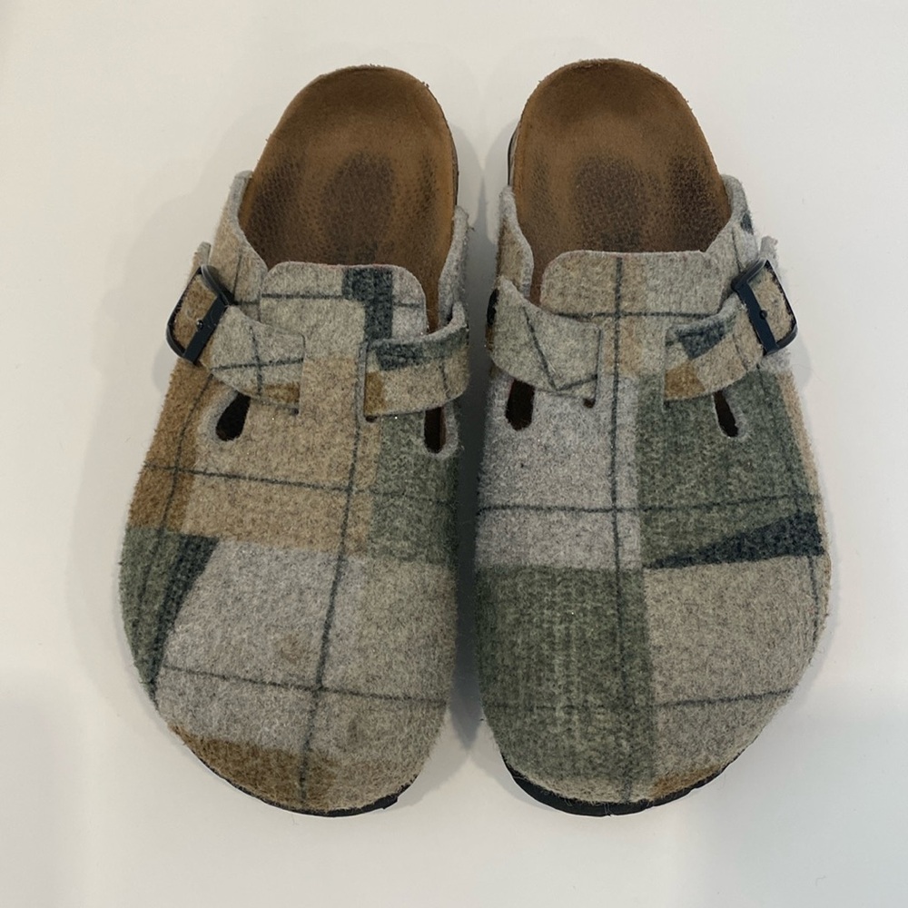 Birkenstock Plaid Mules in Gray and Tan